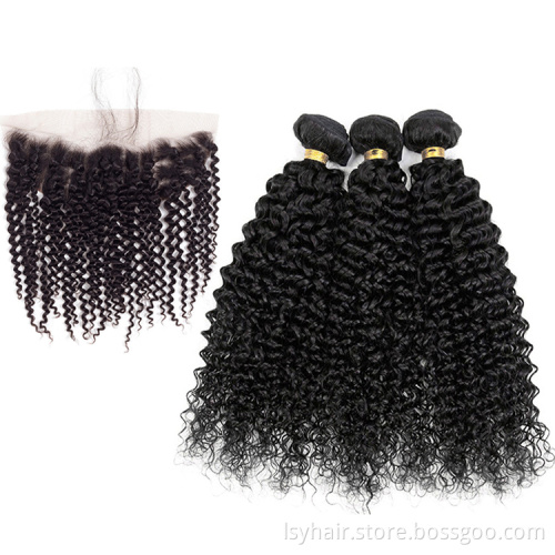 Pre-Colored Natural Hair Line Frontal with 3 Bundles 14 16 18  Kinky Curly #1B Remy Mongolian hair weave bundles